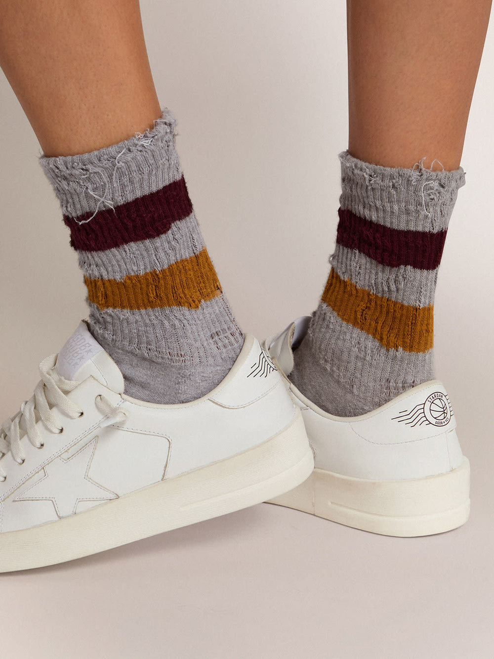 Melange Grey Socks w/ Burgundy and Mustard Yellow Stripes