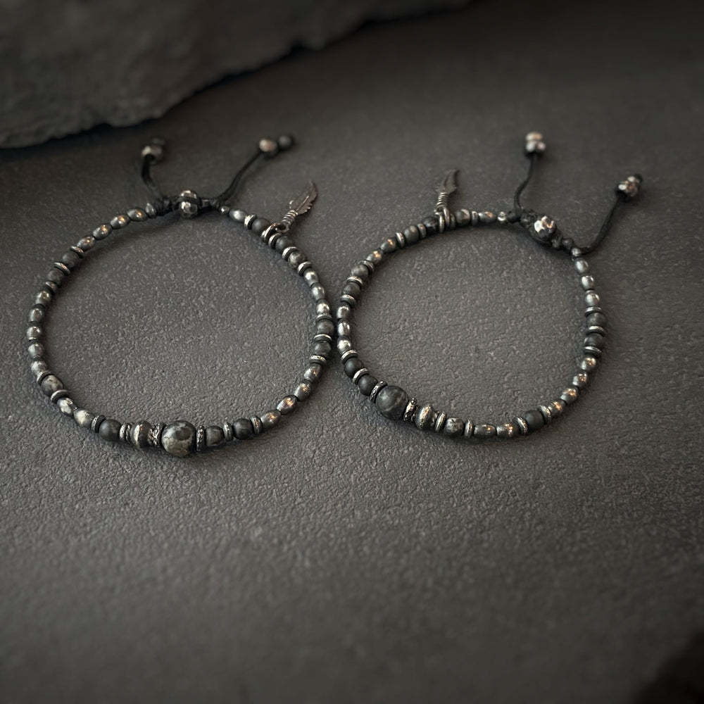 Silver Gypsy Beads Layering Bracelet w/ Zebra Jasper