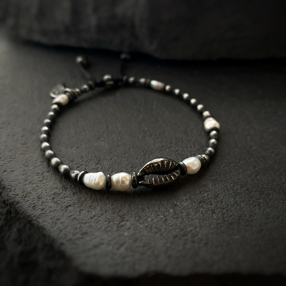 Silver Gypsy Beads Layering Bracelet w/ Baroque Pearl