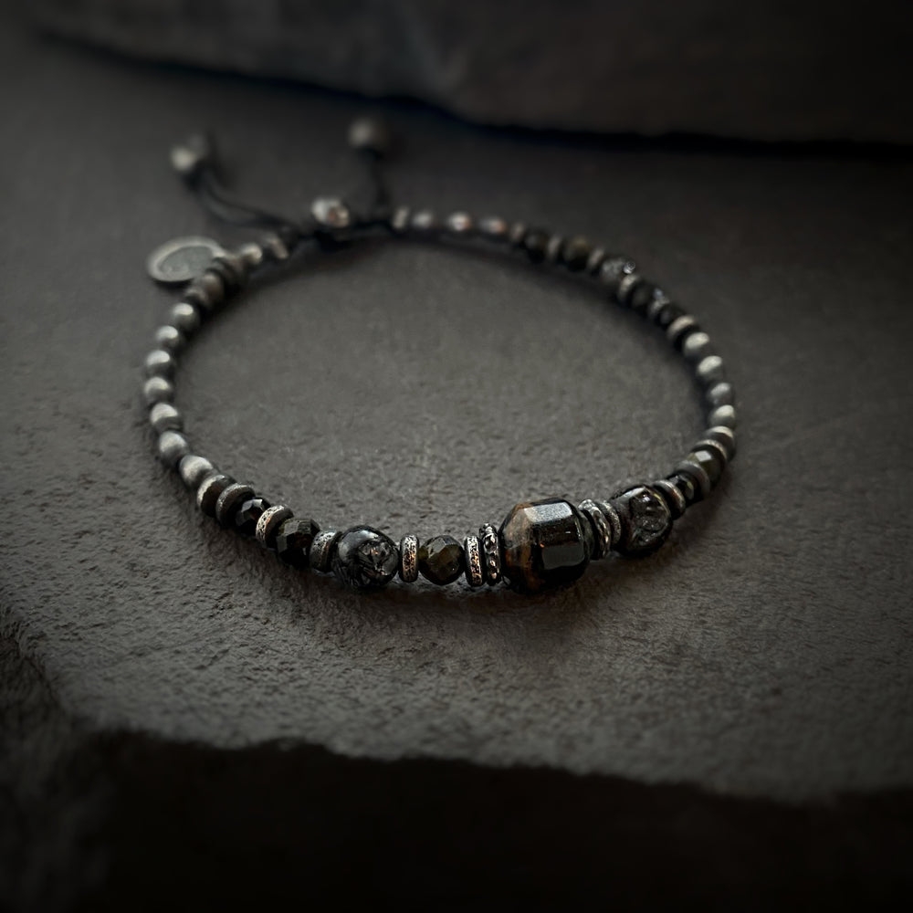 Silver Gypsy Beads Layering Bracelet w/ Obsidian