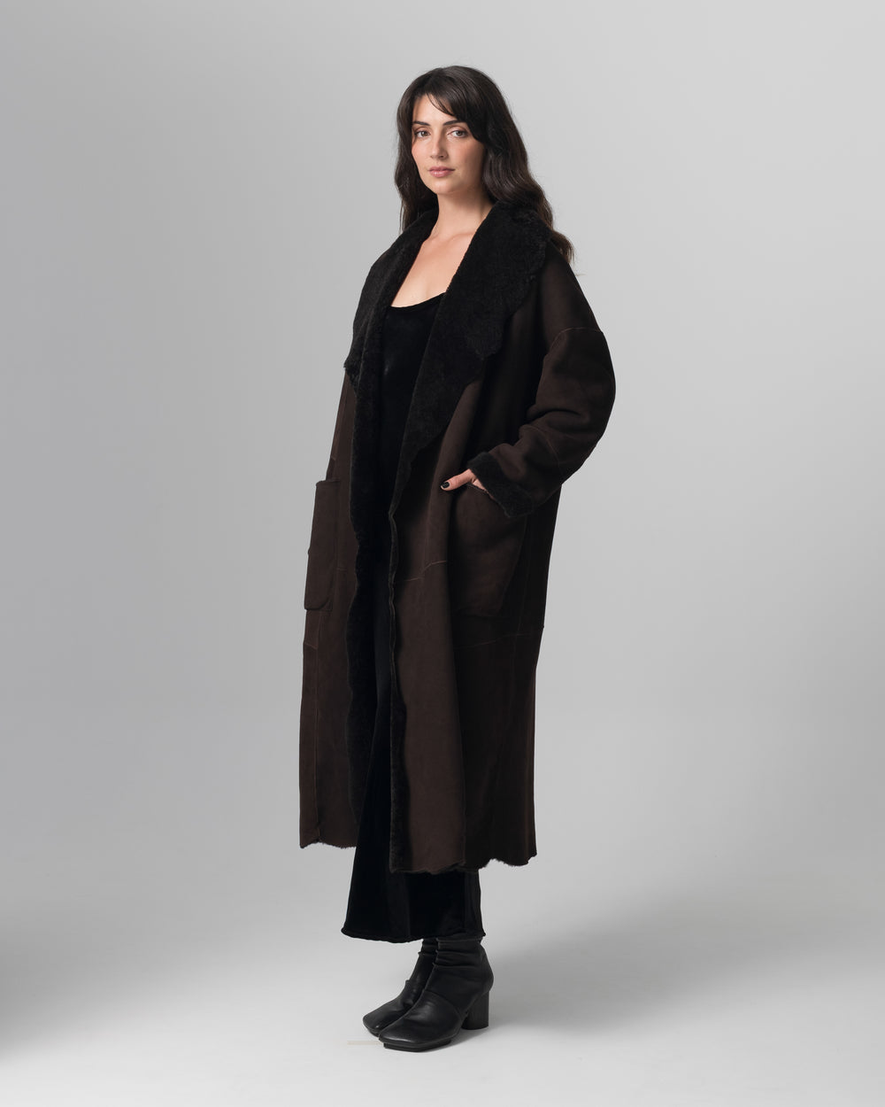 Shearling Leather Coat Moka GD26F19098MEVL