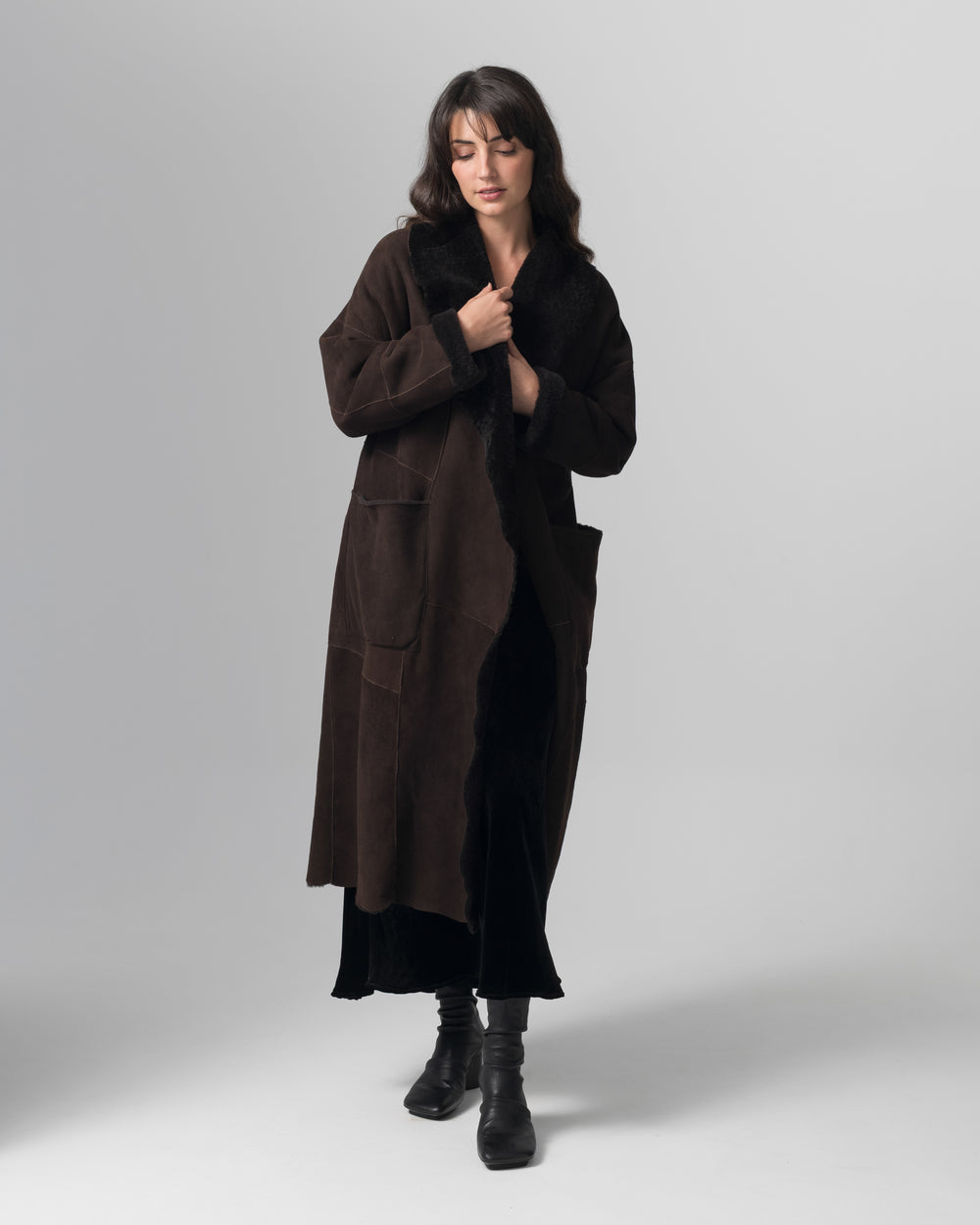 Shearling Leather Coat Moka GD26F19098MEVL