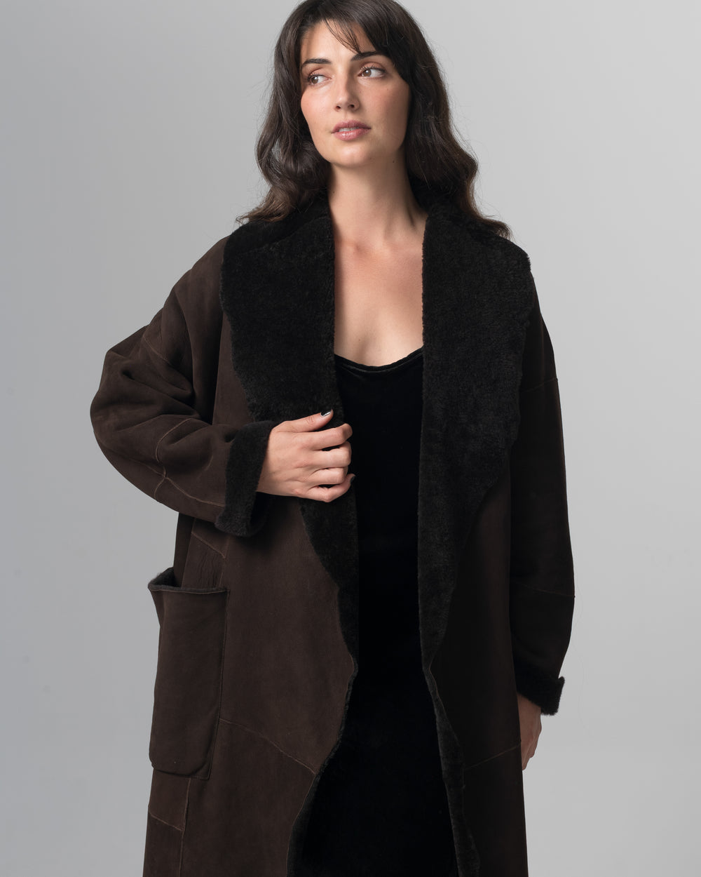 Shearling Leather Coat Moka GD26F19098MEVL