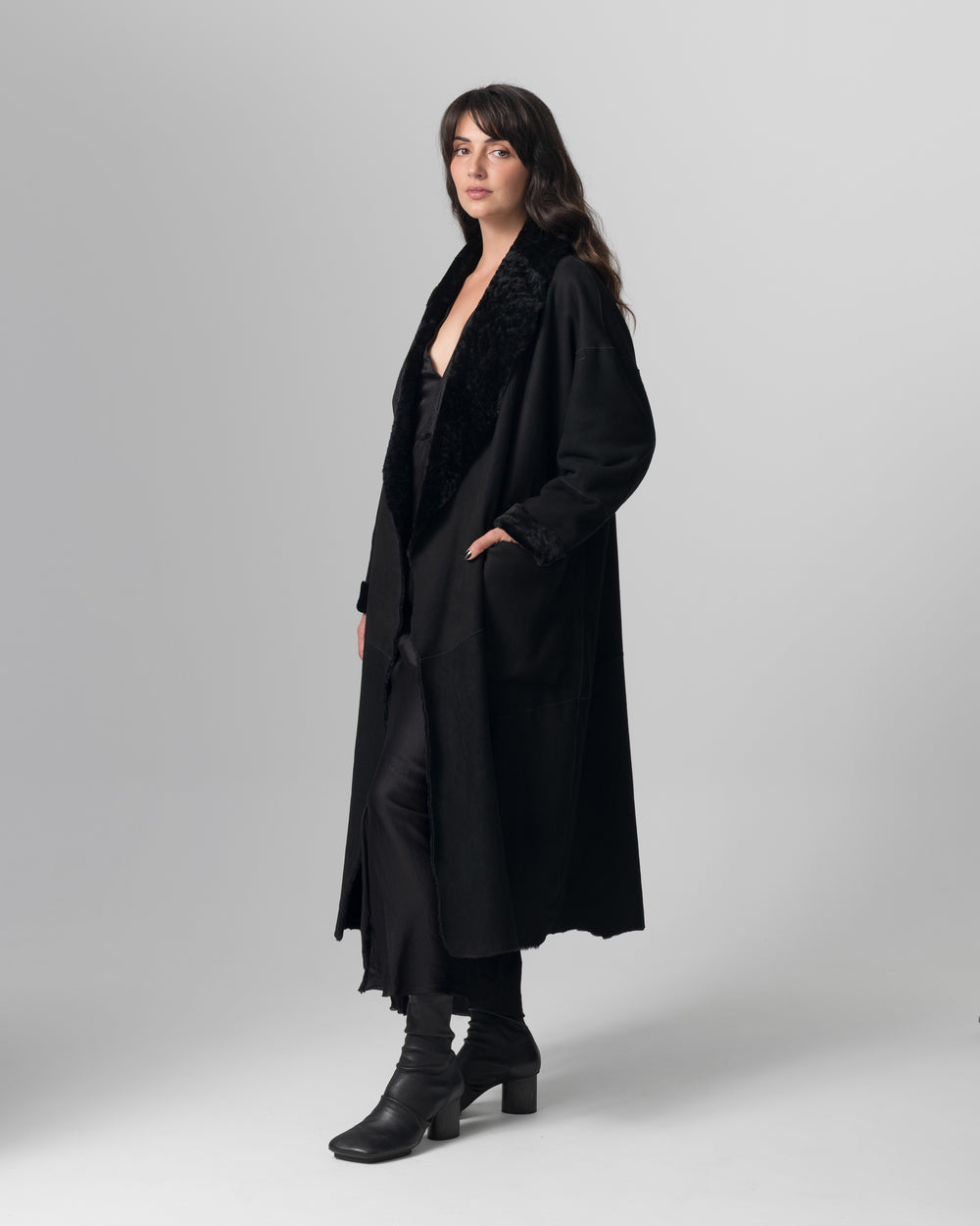 Shearling Leather Coat Nero GD26F19098MEVL