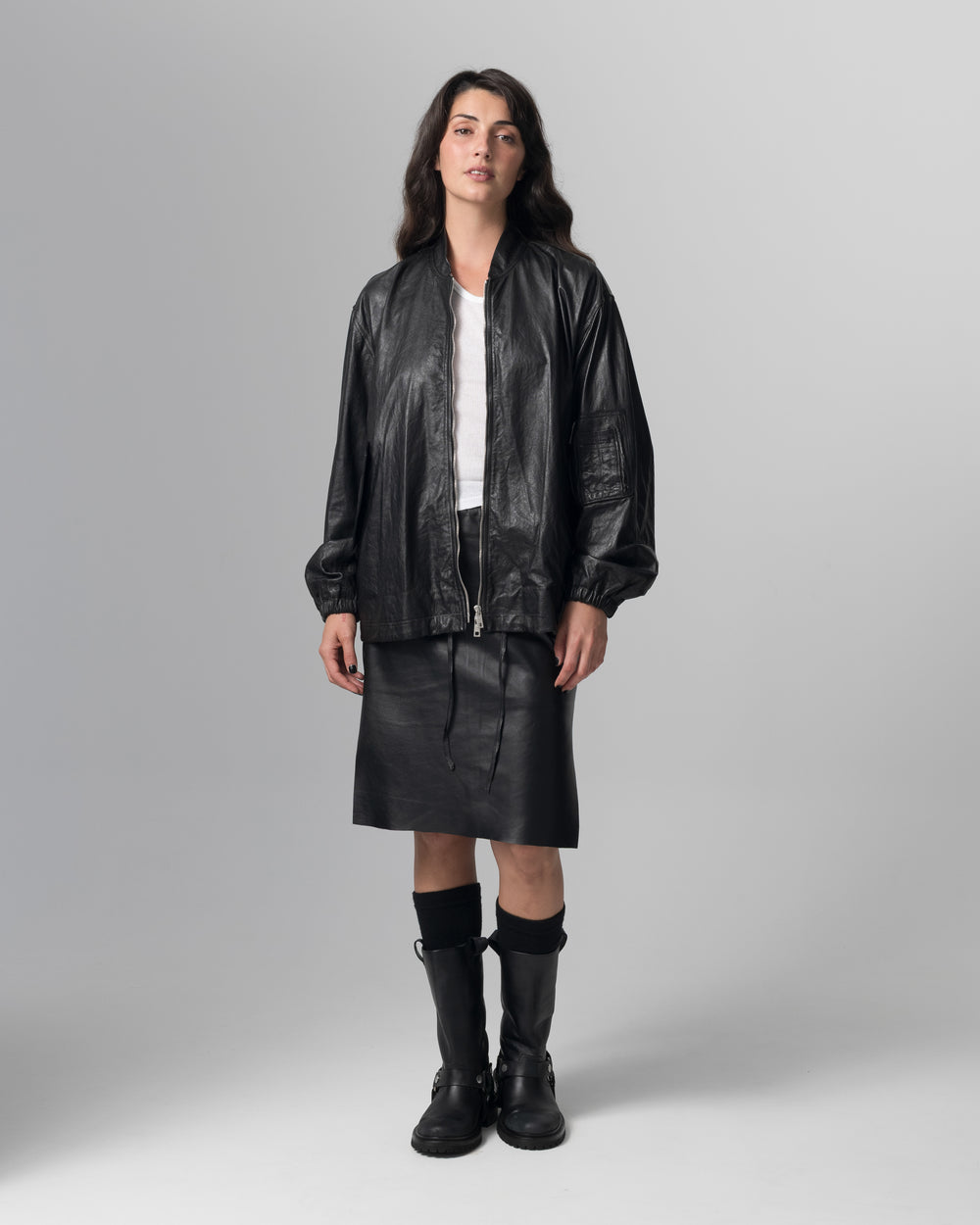 Oversized Bomber Leather Jacket Nero GD26S25059STPY