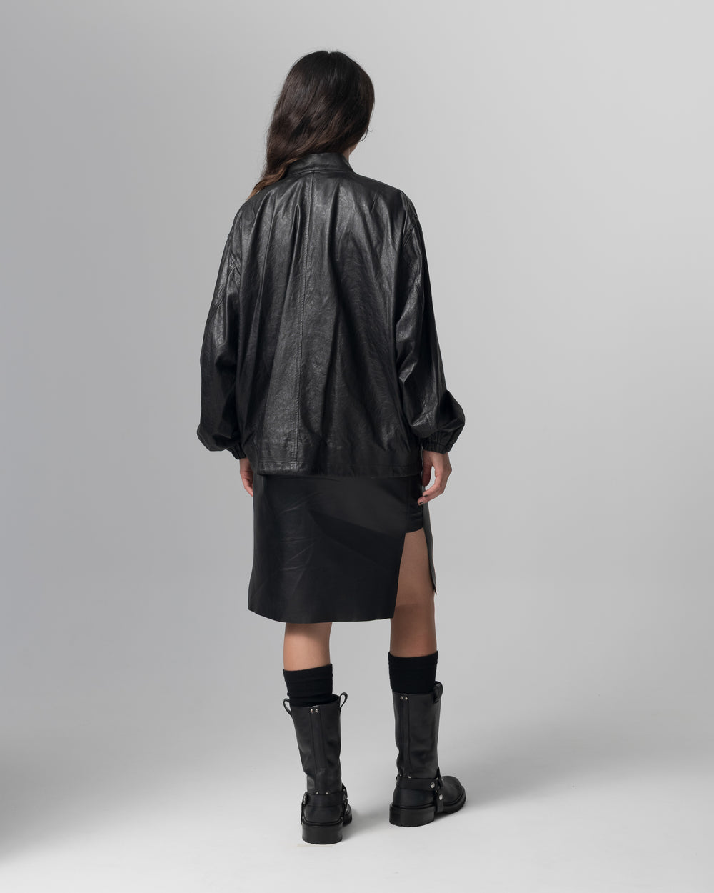Oversized Bomber Leather Jacket Nero GD26S25059STPY
