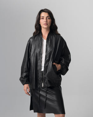 Oversized Bomber Leather Jacket Nero GD26S25059STPY