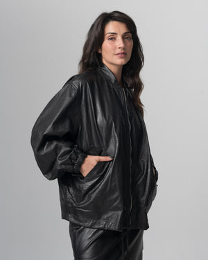 Oversized Bomber Leather Jacket Nero GD26S25059STPY