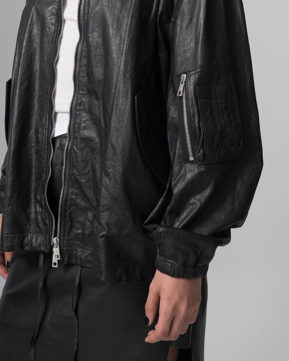 Oversized Bomber Leather Jacket Nero GD26S25059STPY
