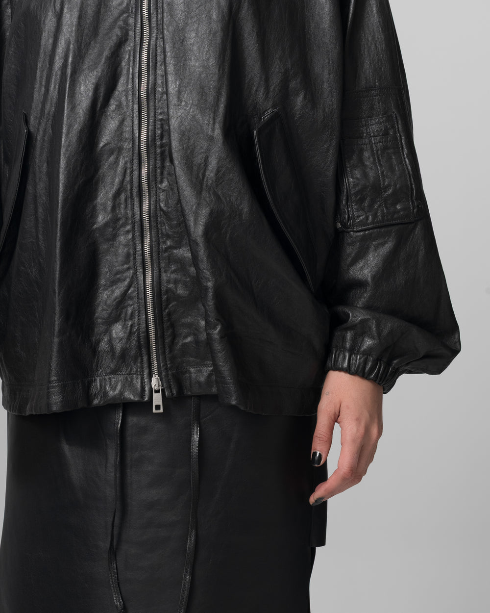 Oversized Bomber Leather Jacket Nero GD26S25059STPY