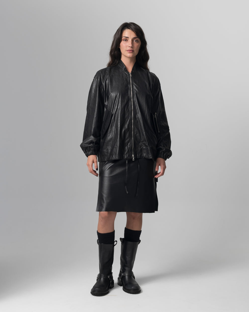 Oversized Bomber Leather Jacket Nero GD26S25059STPY