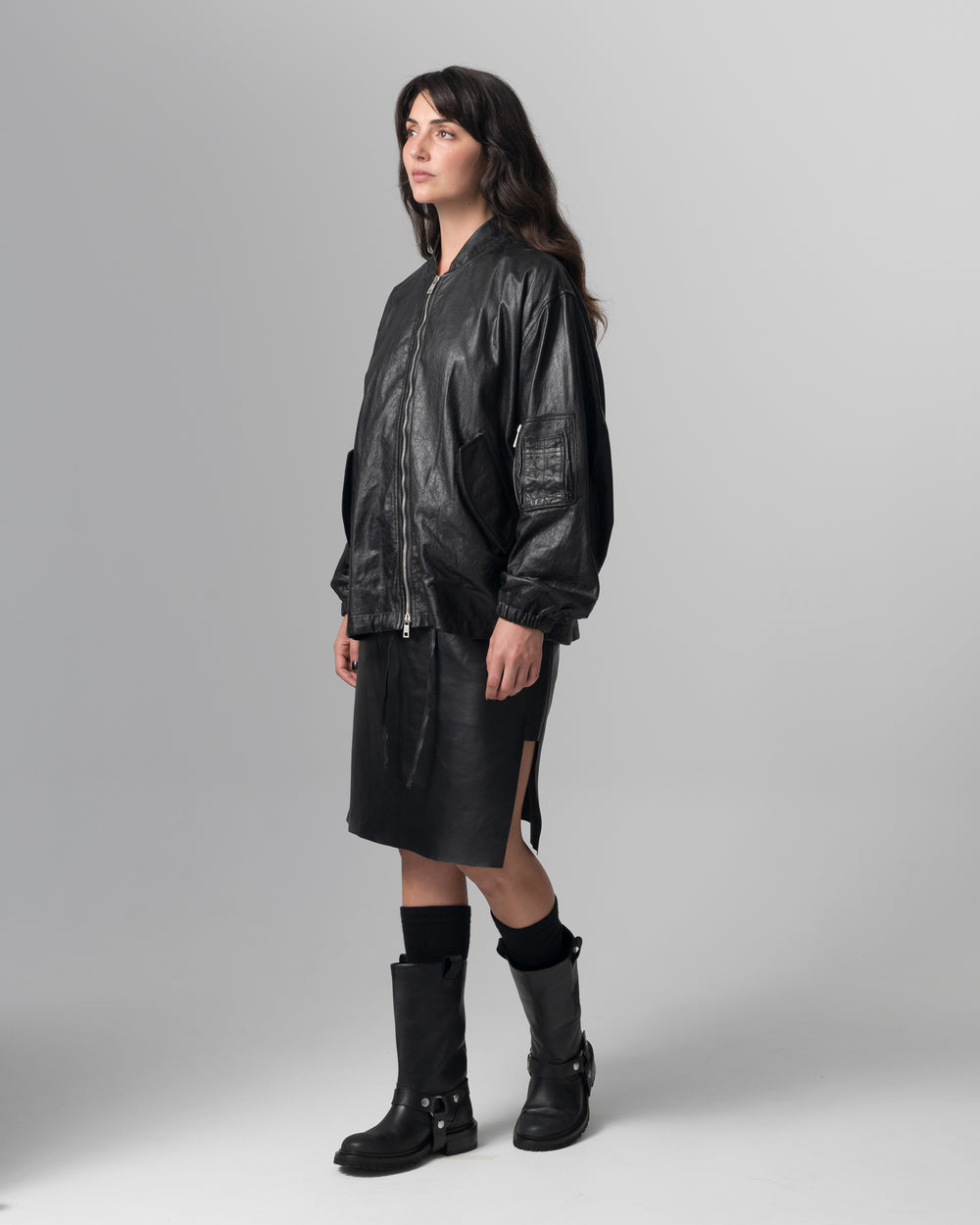 Oversized Bomber Leather Jacket Nero GD26S25059STPY