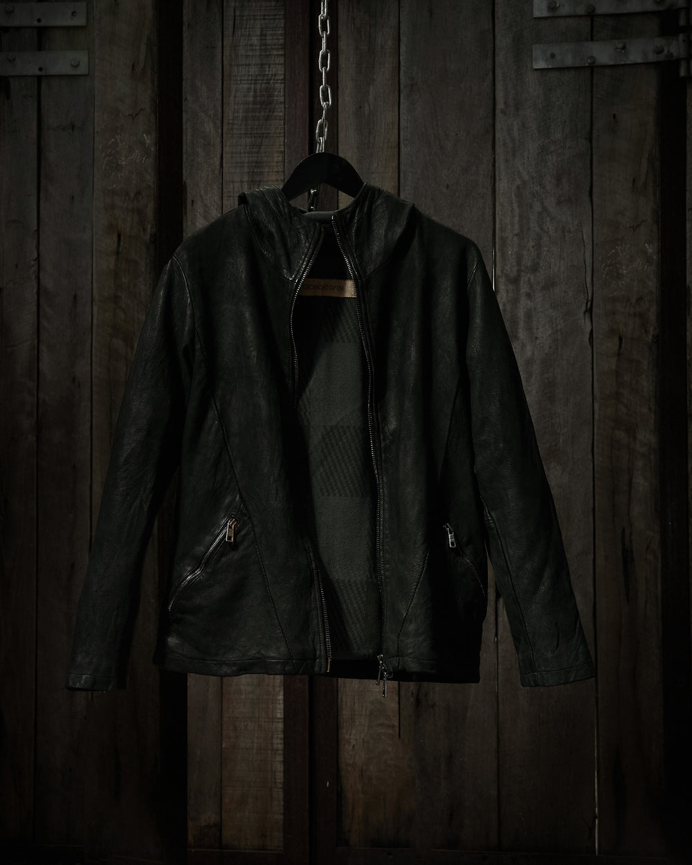 Leather Hooded Jacket Nero GU24F18091VBRUSH