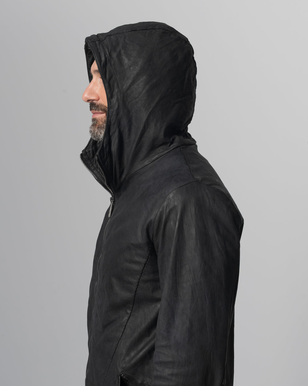 Hooded Leather Jacket Nero GU26S10090VBRUSH