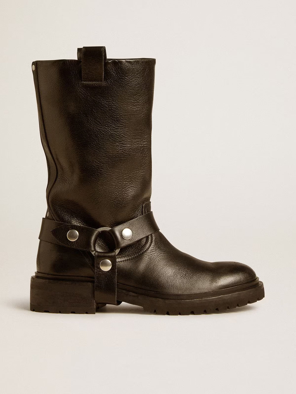 Kurt Boots in Glossy Leather w/ Silver Buckle and Studs Black