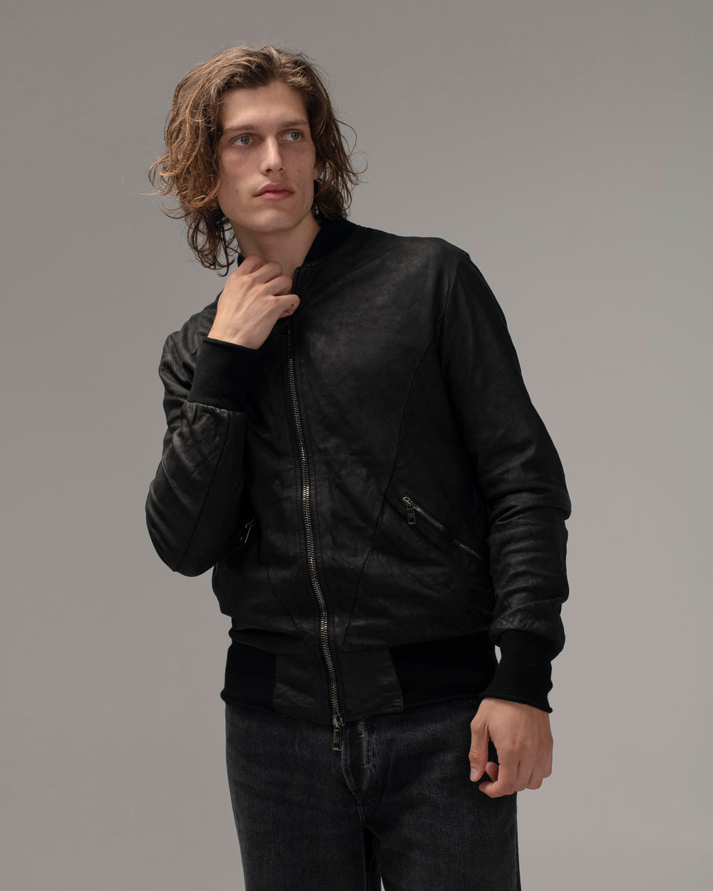 Leather Bomber Jacket Nero