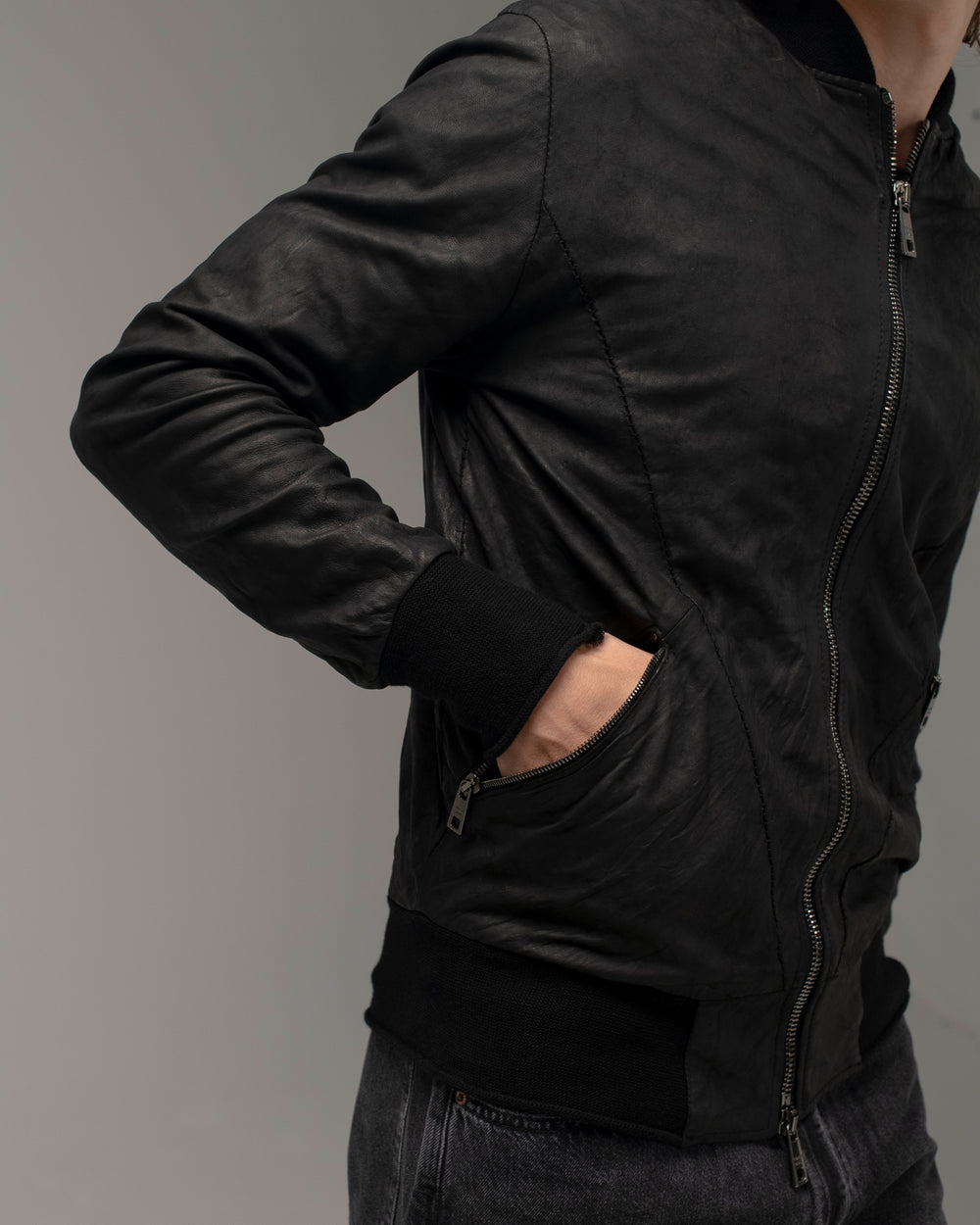 Leather Bomber Jacket Nero