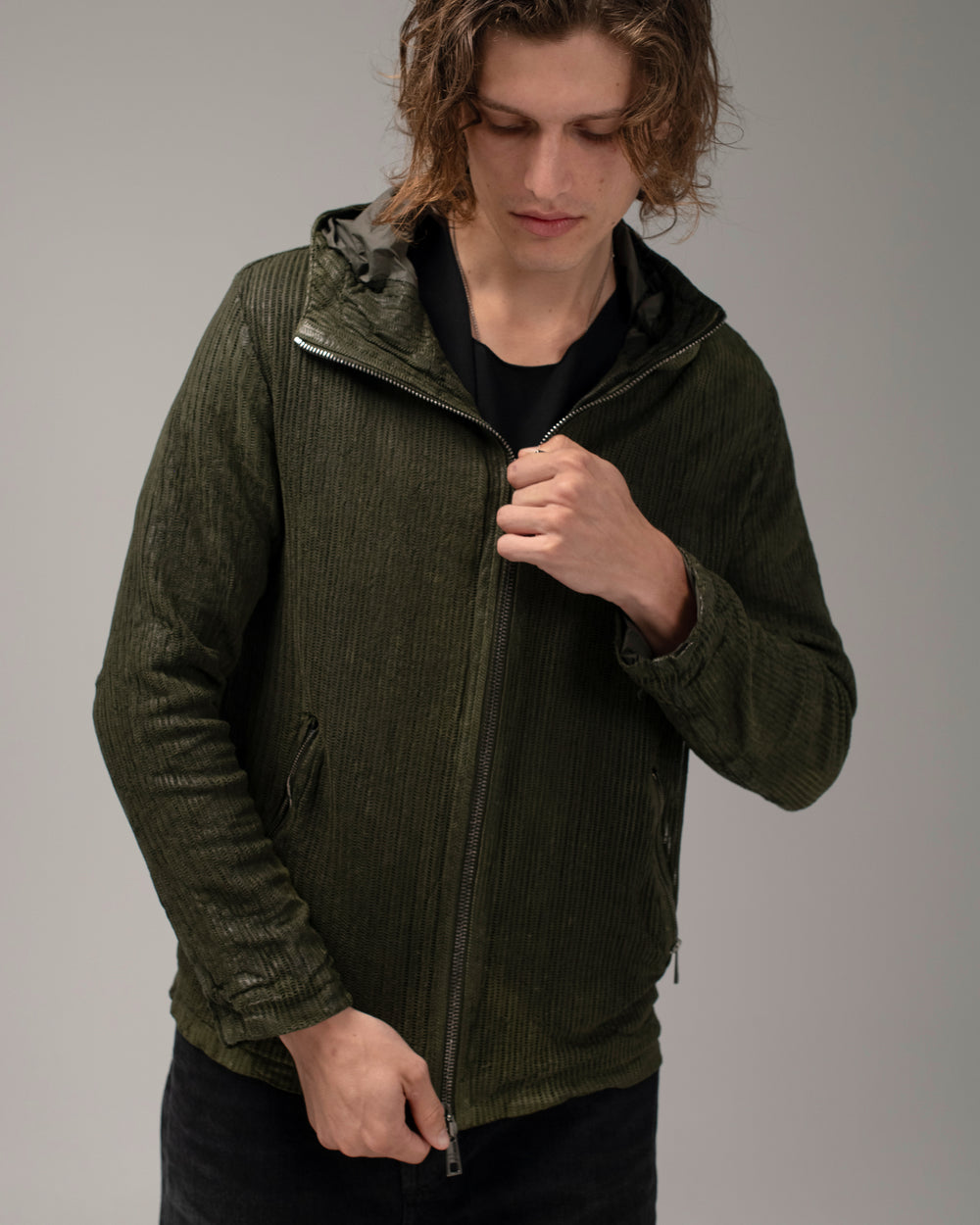 Perforated Leather Hooded Jacket Jungle