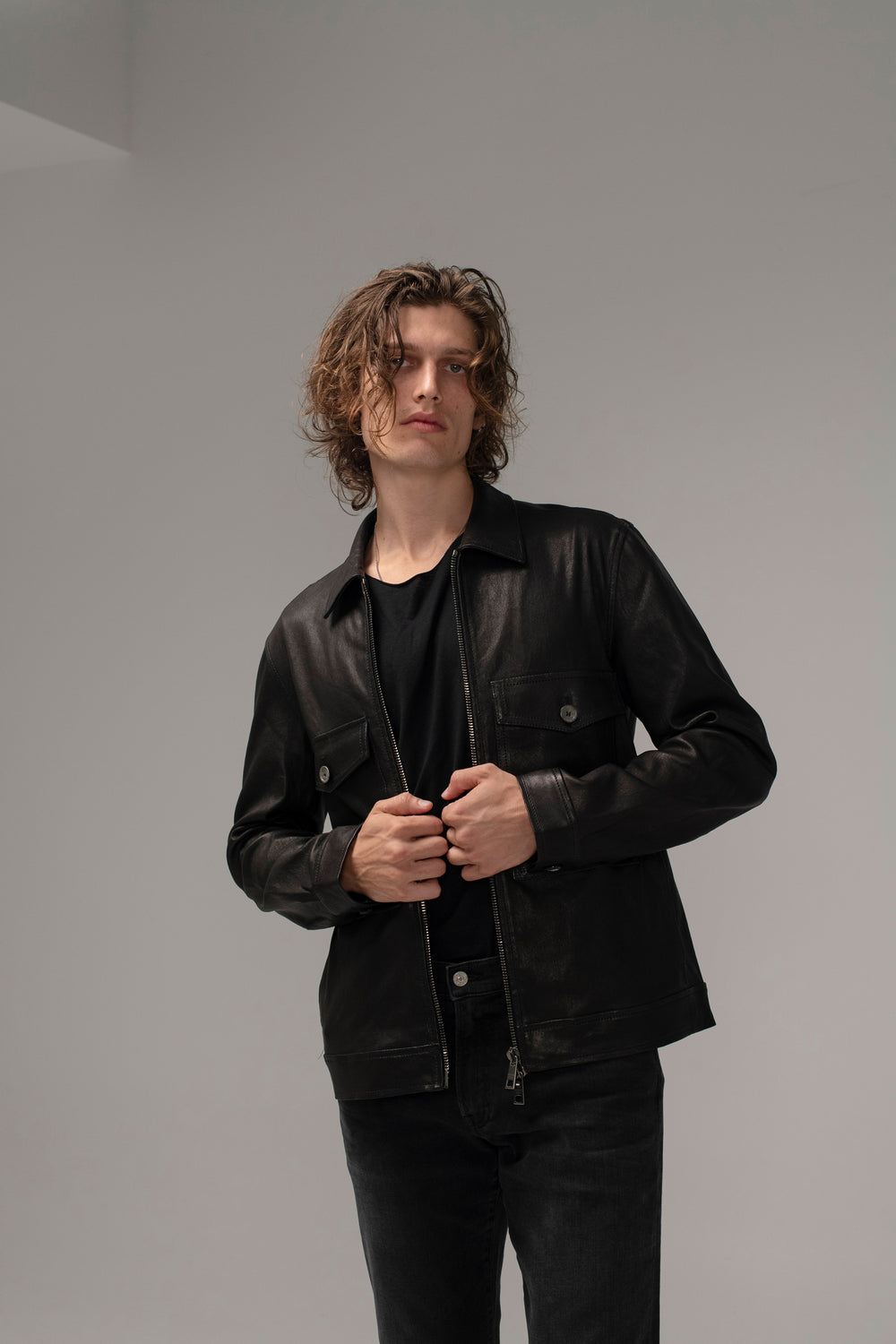 Stretch Leather Jacket Nero