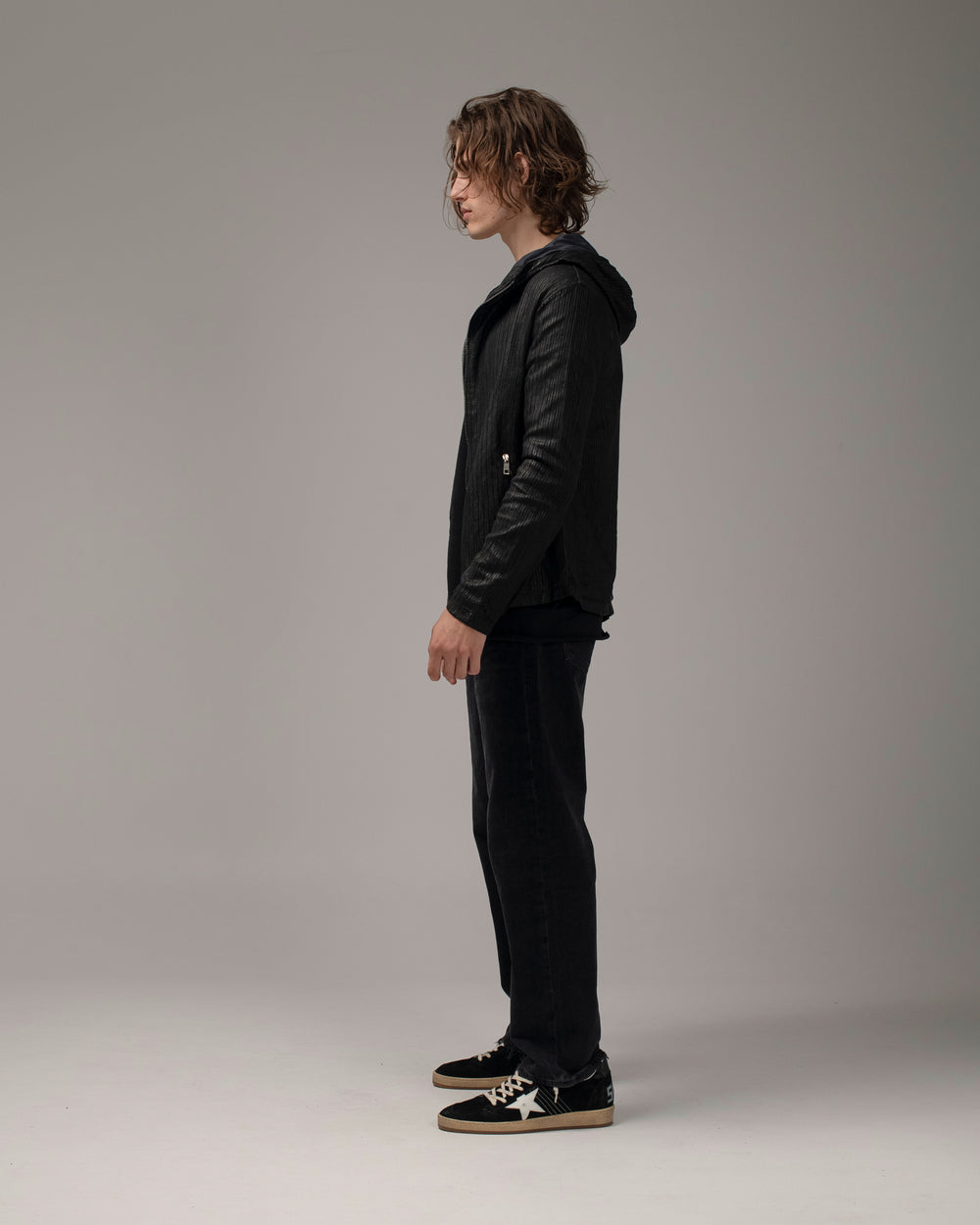 Perforated Leather Hooded Jacket Nero