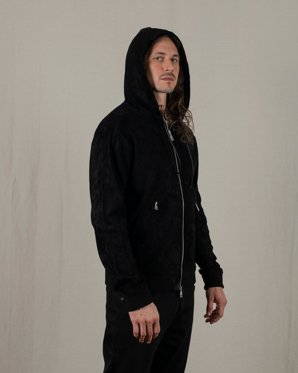Hooded Leather Jacket Nero GU25S9023GRASS