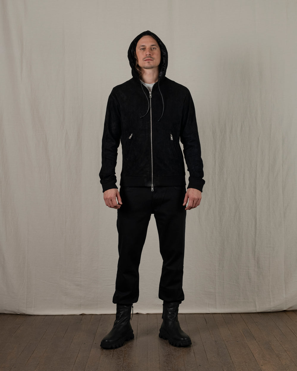 Hooded Leather Jacket Nero GU25S9023GRASS