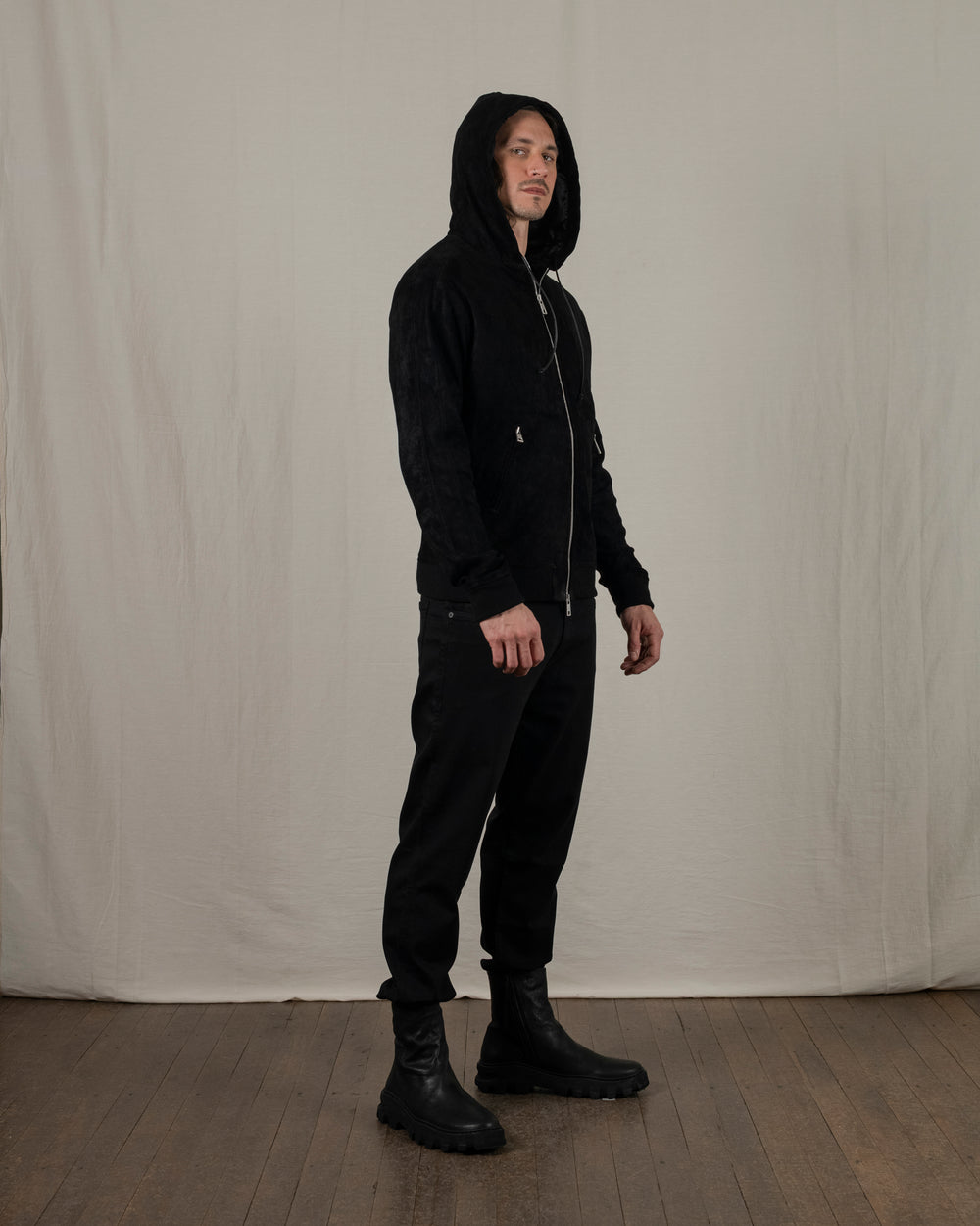 Hooded Leather Jacket Nero GU25S9023GRASS