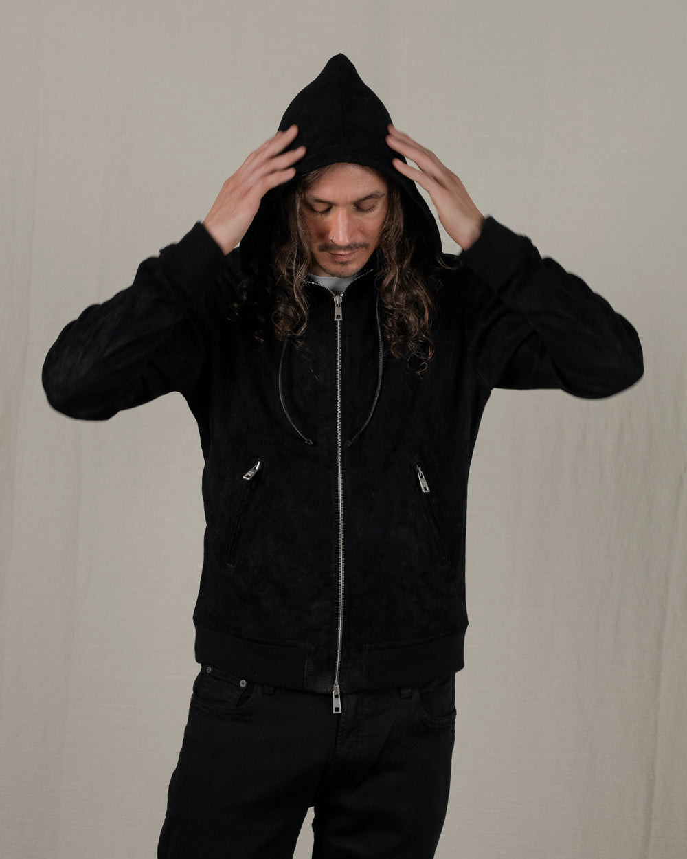 Hooded Leather Jacket Nero GU25S9023GRASS