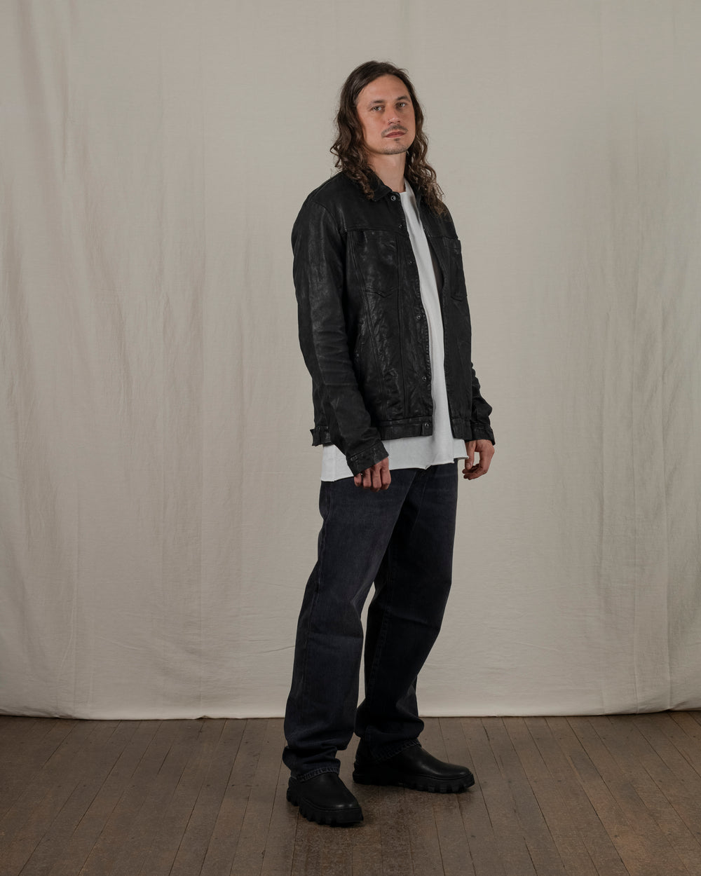 Leather Jacket w/ Press studs Nero GU25F20098VBRUSH