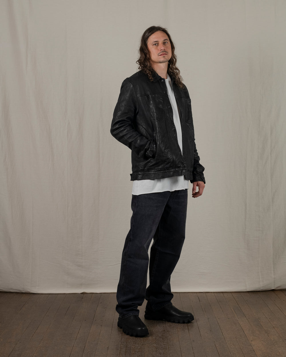 Leather Jacket w/ Press studs Nero GU25F20098VBRUSH