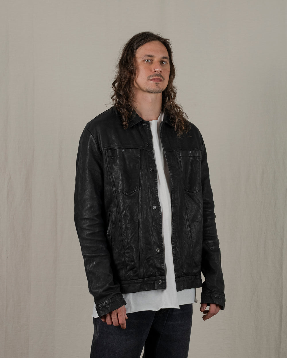 Leather Jacket w/ Press studs Nero GU25F20098VBRUSH