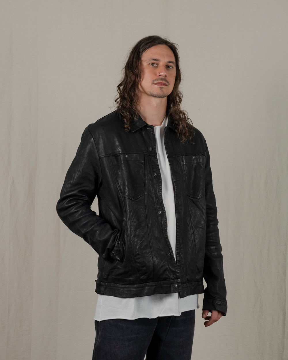 Leather Jacket w/ Press studs Nero GU25F20098VBRUSH