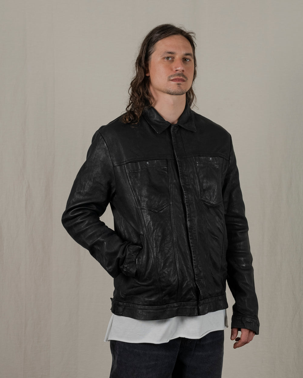 Leather Jacket w/ Press studs Nero GU25F20098VBRUSH