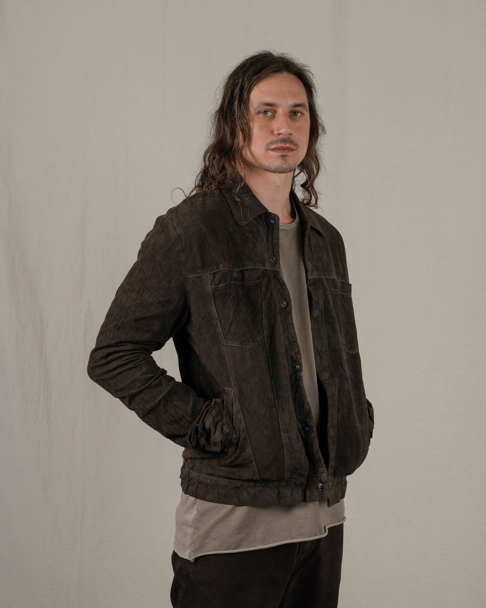 Reverse Leather Jacket w/ Press Studs Aneto