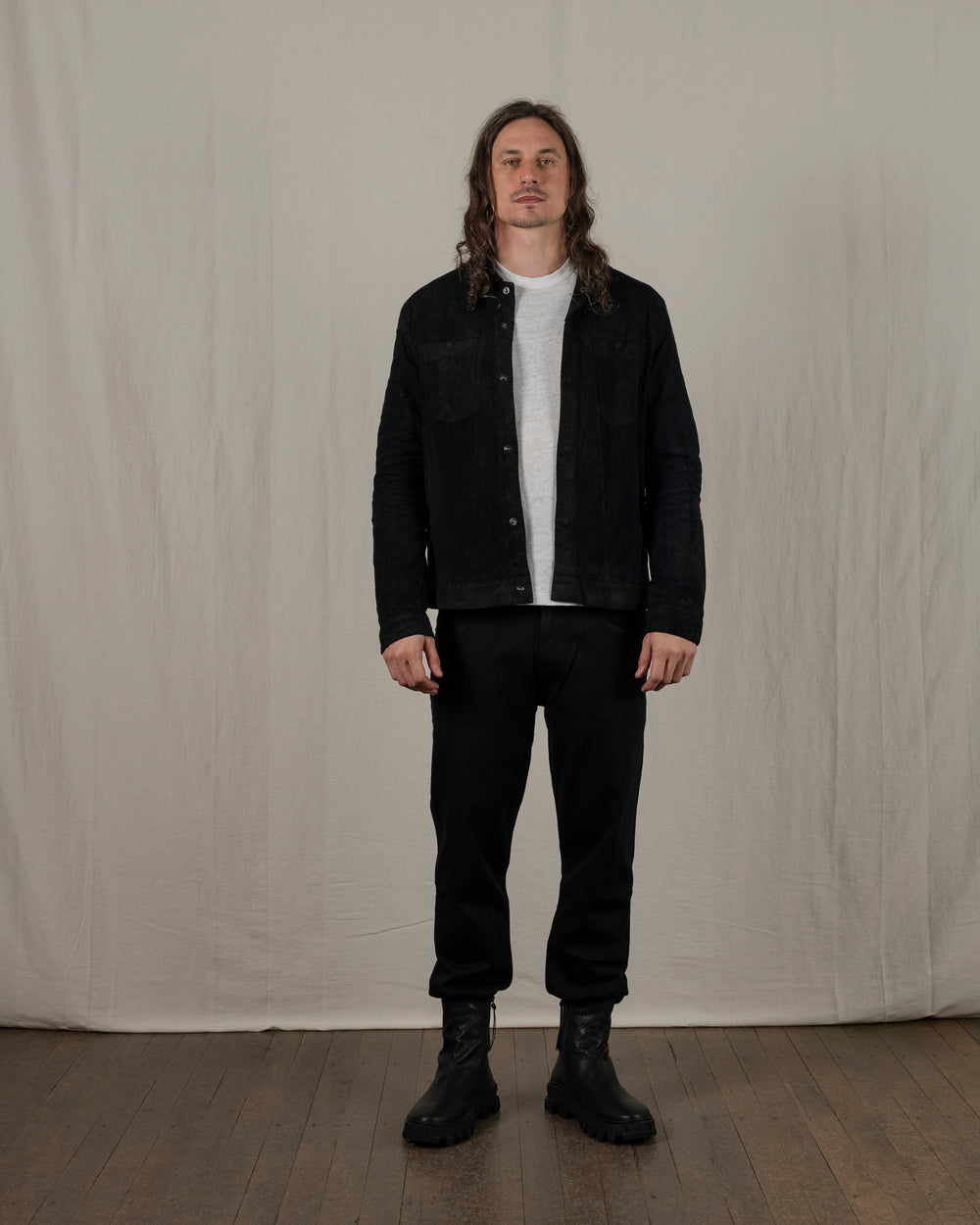 Reverse Leather Jacket w/ Press Studs Nero