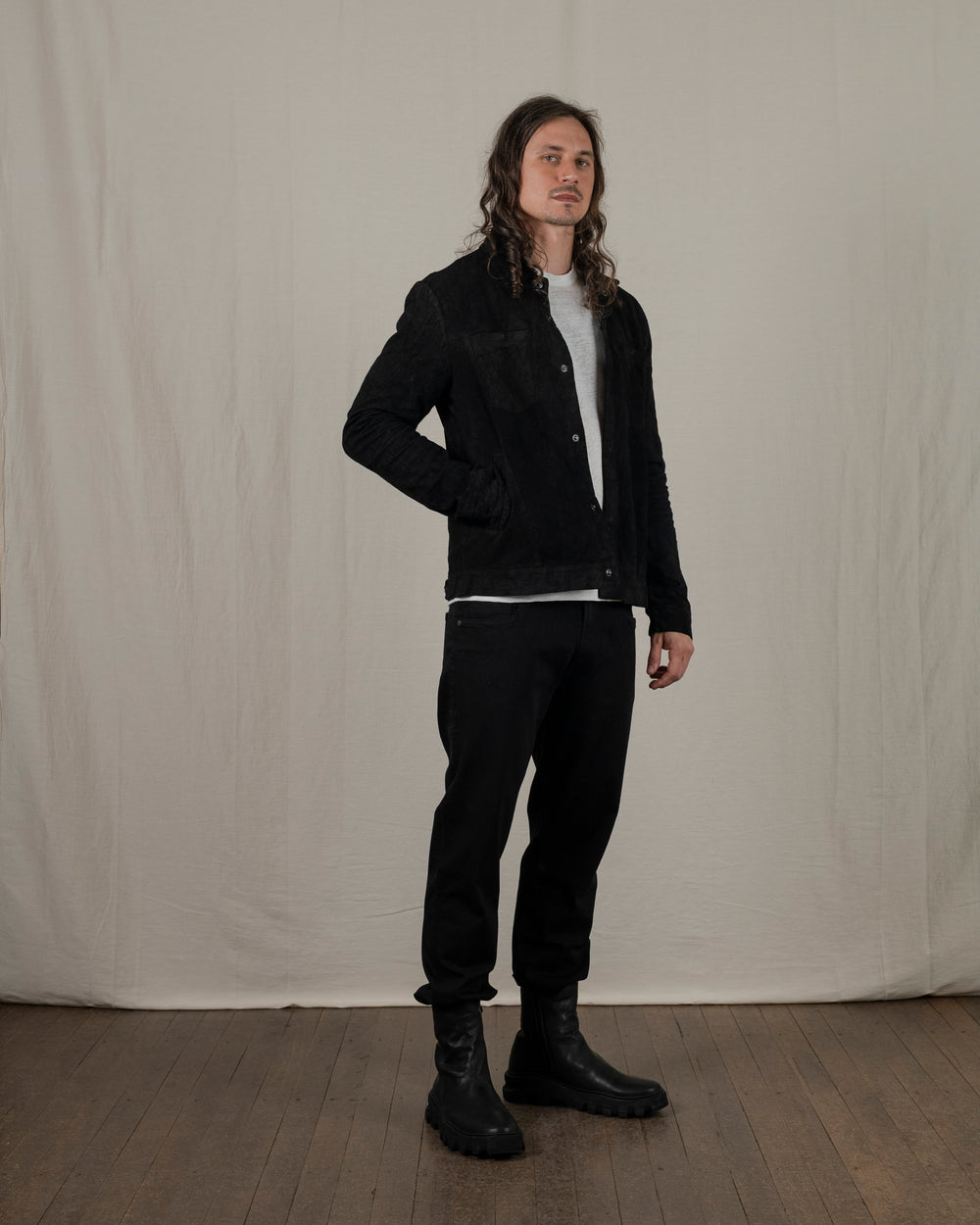 Reverse Leather Jacket w/ Press Studs Nero