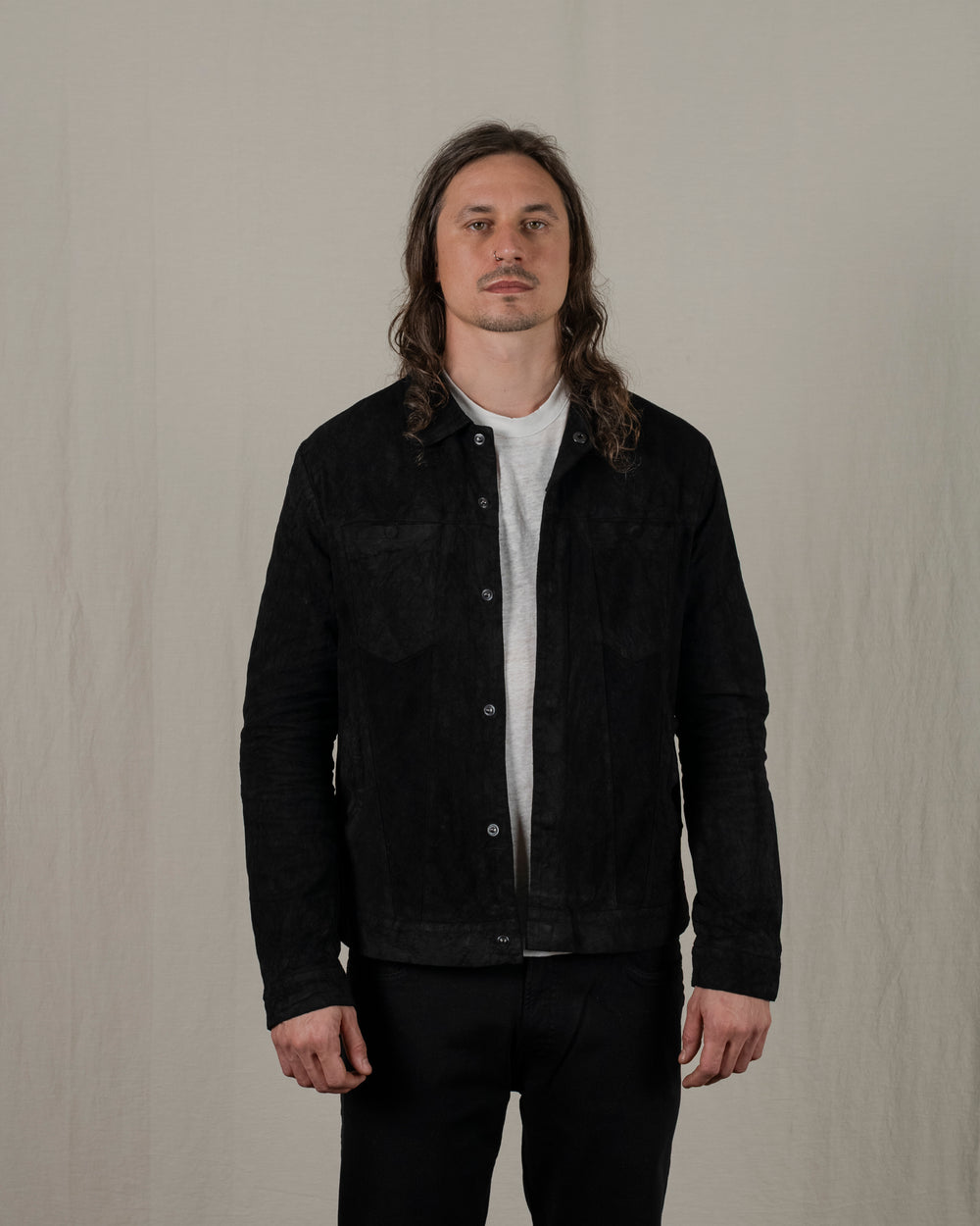 Reverse Leather Jacket w/ Press Studs Nero