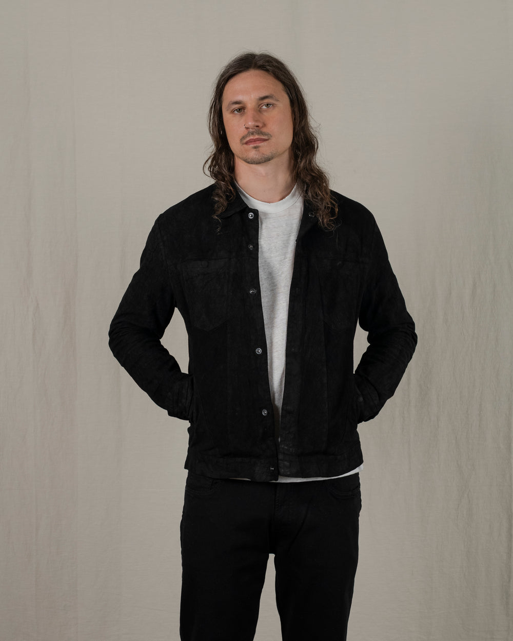 Reverse Leather Jacket w/ Press Studs Nero