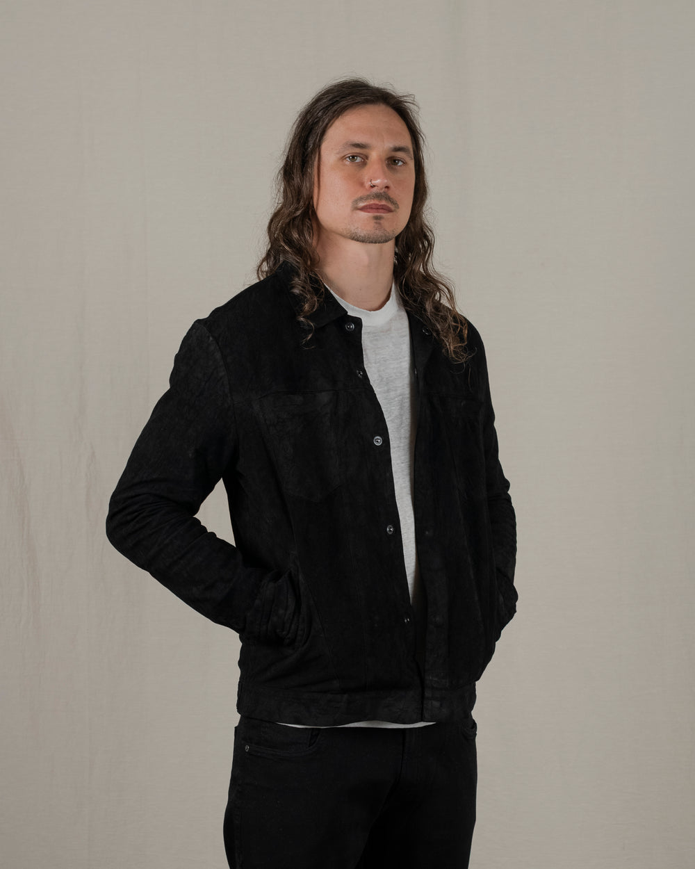 Reverse Leather Jacket w/ Press Studs Nero