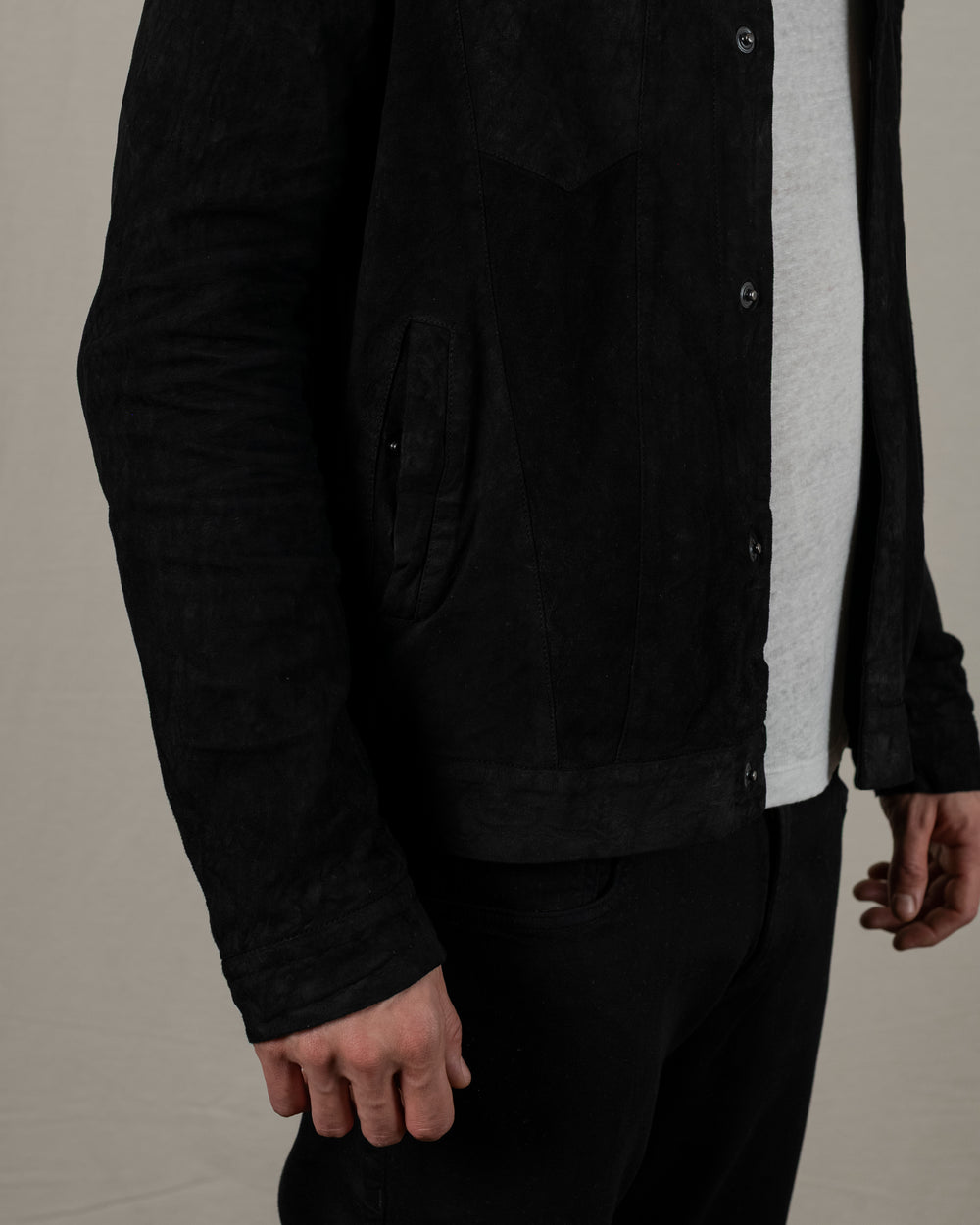 Reverse Leather Jacket w/ Press Studs Nero