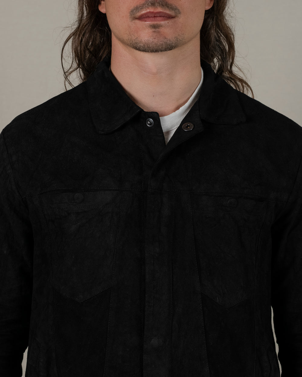 Reverse Leather Jacket w/ Press Studs Nero