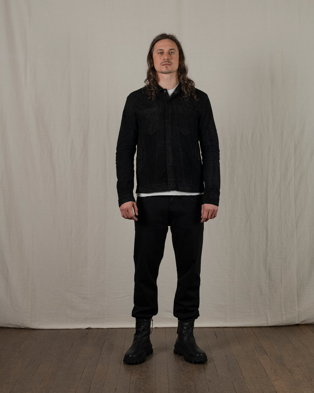 Reverse Leather Jacket w/ Press Studs Nero