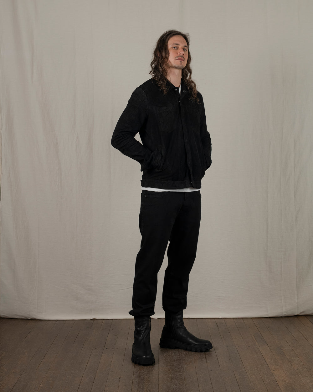 Reverse Leather Jacket w/ Press Studs Nero