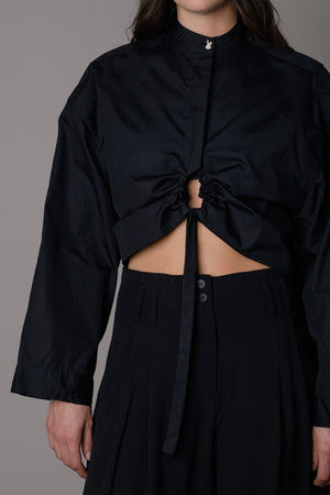 Cotton Poplin Cropped Shirt w/ Linen Knitted Back