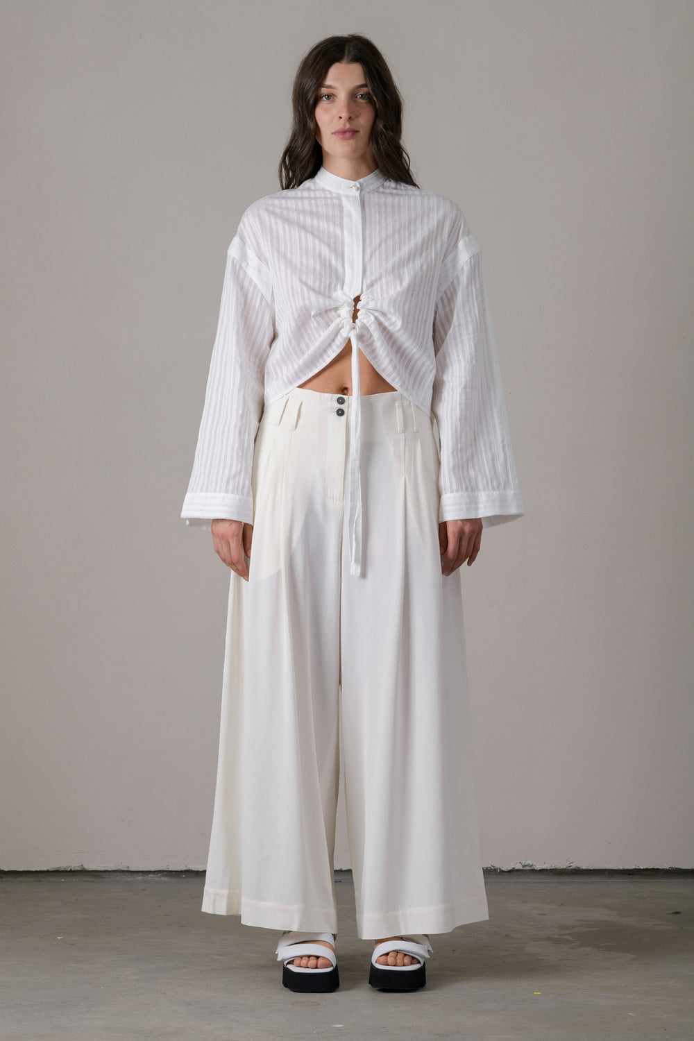 Cotton Poplin Cropped Shirt w/ Linen Knitted Back