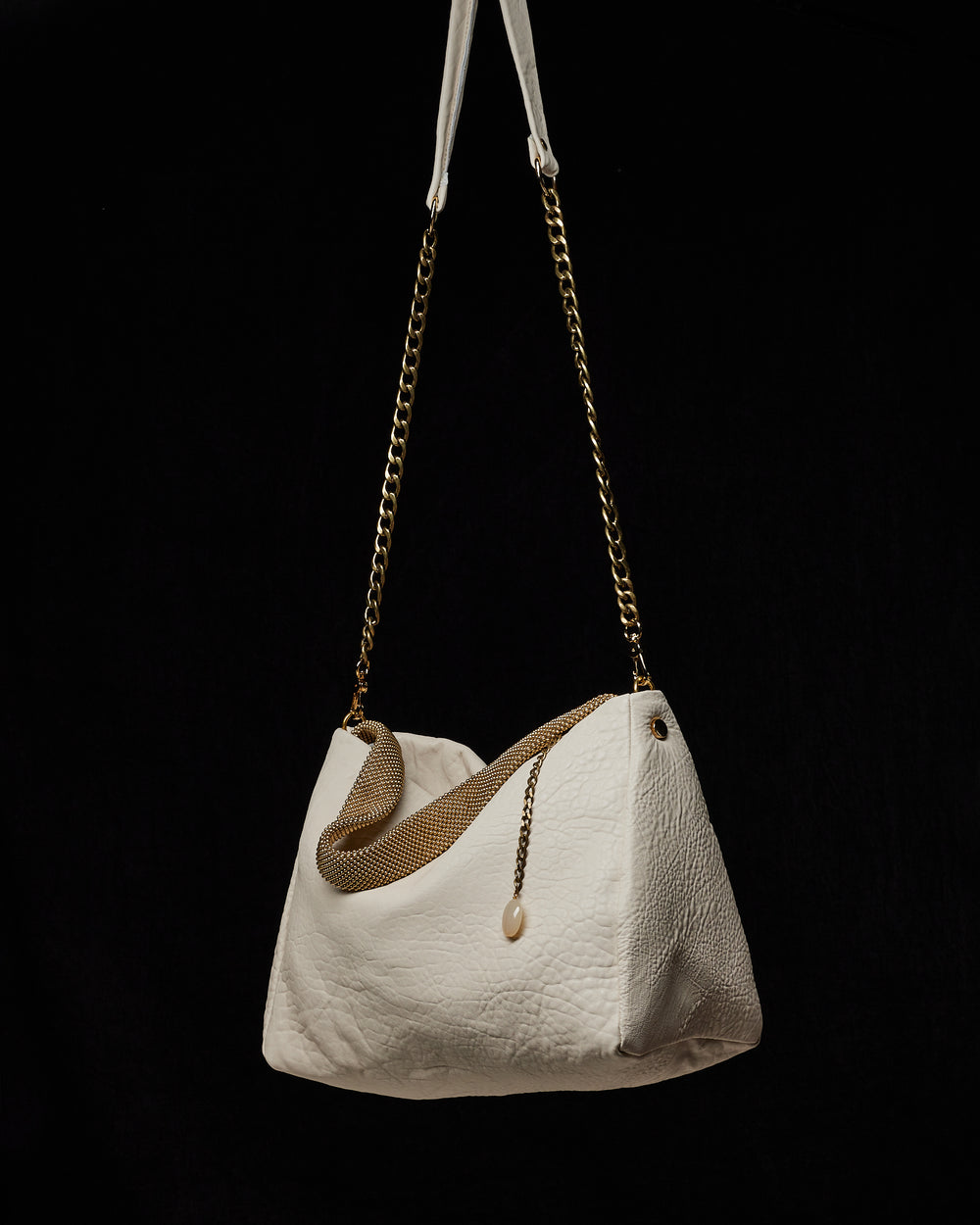 Ivory Paula Leather Shoulder Bag with Gold Chain