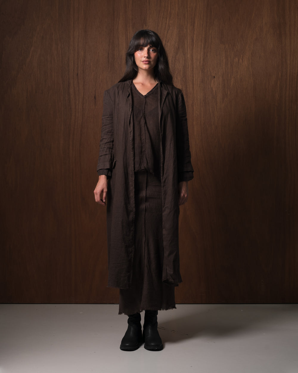 Rosie Coat Cocktail Length Linen Chocolate