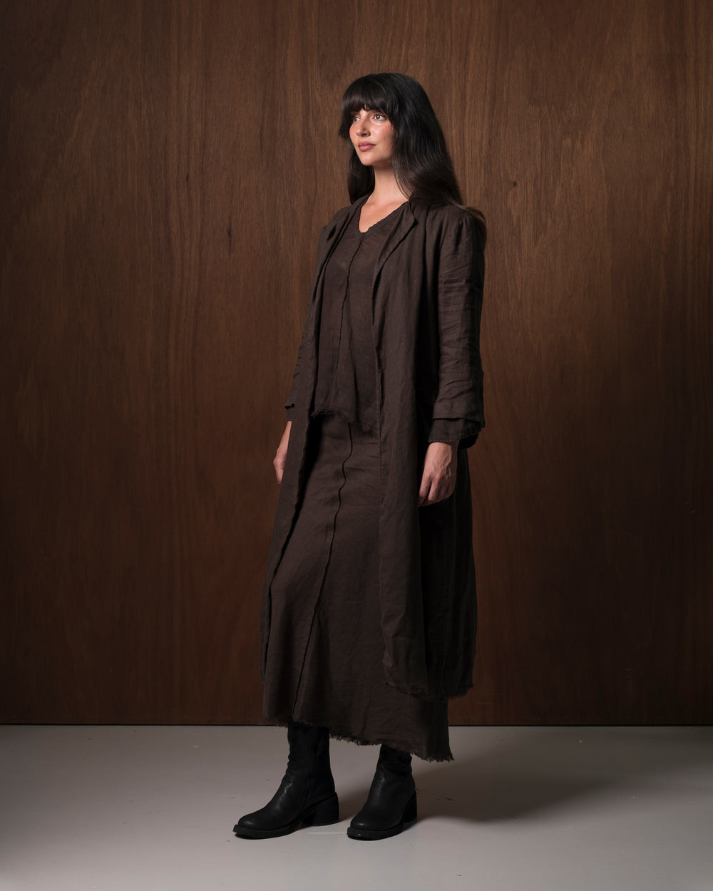Rosie Coat Cocktail Length Linen Chocolate
