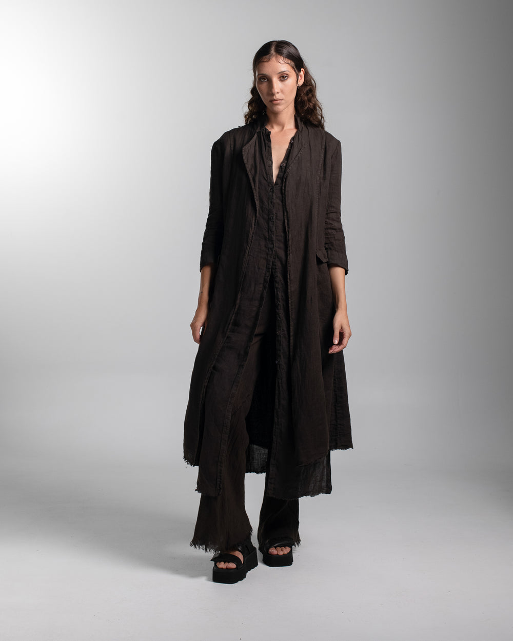 Rosie Coat Cocktail Length Linen Chocolate