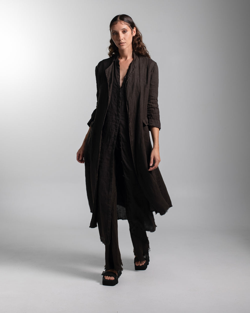 Rosie Coat Cocktail Length Linen Chocolate